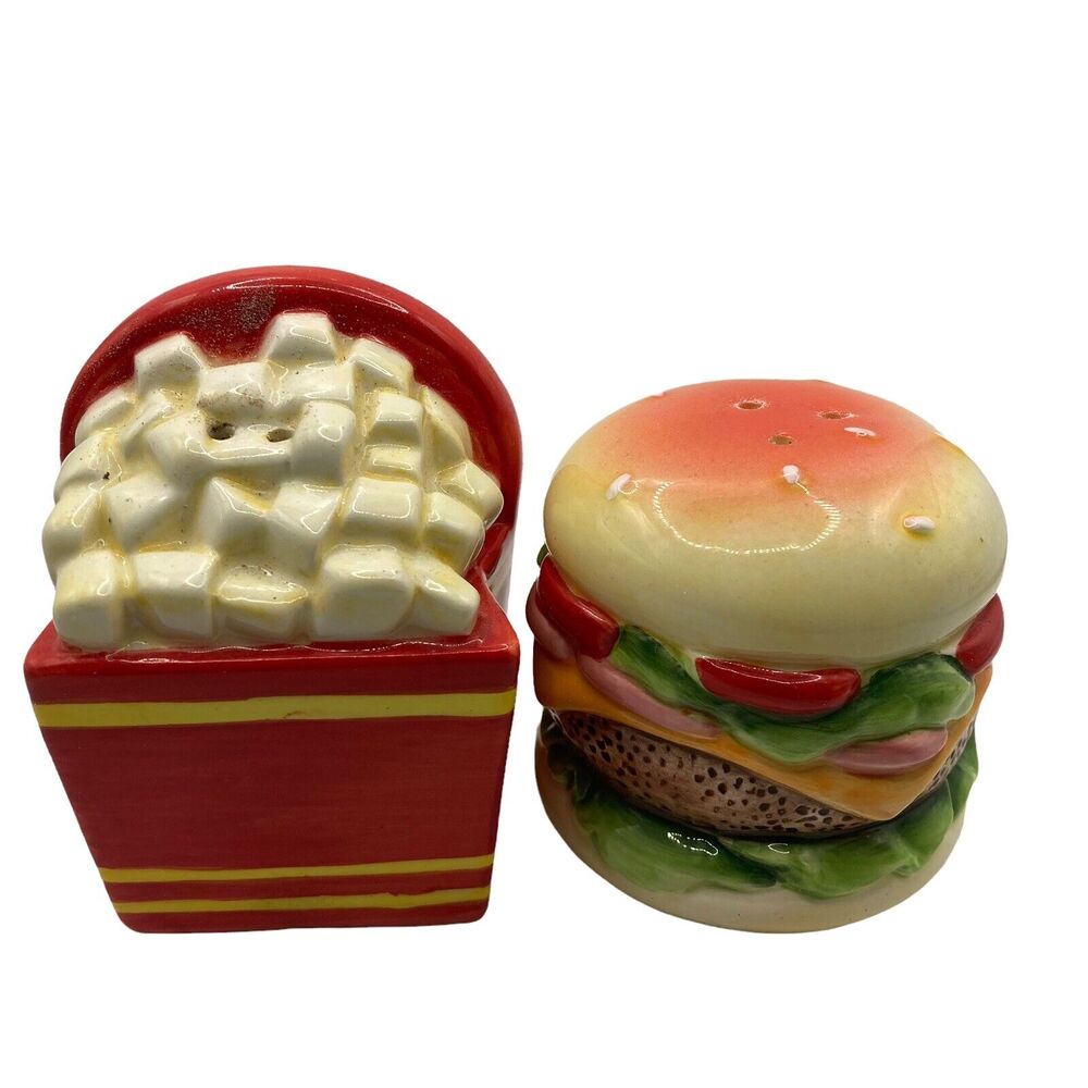 Vintage Berkeley Designs Burger Fries Ceramic Salt Pepper Shakers Red Yellow